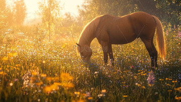 阳光下吃草的马