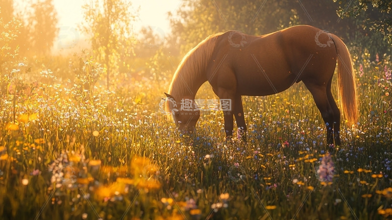 高清大图下载【趣麦麦图】阳光下吃草的马
