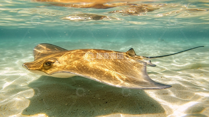 高清大图下载【趣麦麦图】浅海中一只黄褐色鳐鱼