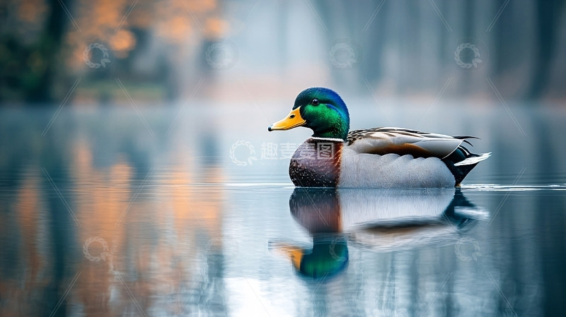 高清大图下载【趣麦麦图】秋日湖面雄性绿头鸭