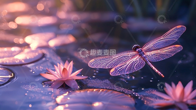 高清大图下载【趣麦麦图】梦幻紫粉色蜻蜓荷花