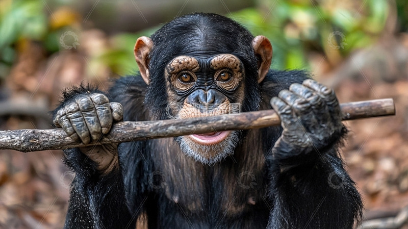 高清大图下载【趣麦麦图】可爱的黑猩猩幼崽咬着树枝
