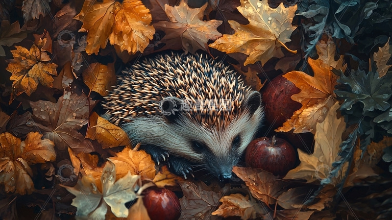 高清大图下载【趣麦麦图】秋天树叶堆里的小刺猬