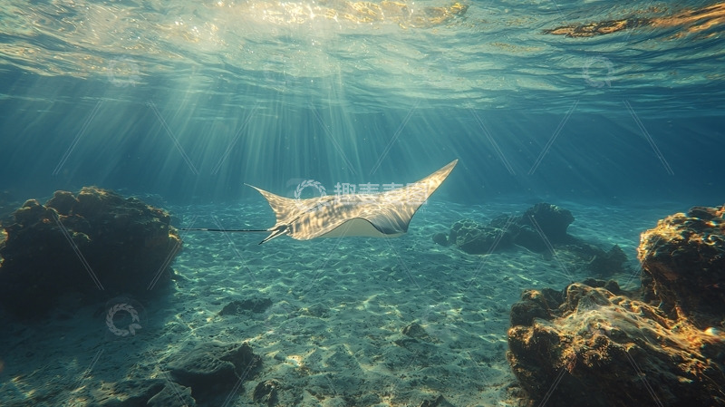 高清大图下载【趣麦麦图】阳光下海中飞舞的蝠鲼
