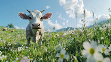 白牛在花田里吃草