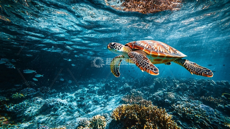 高清大图下载【趣麦麦图】海龟在珊瑚礁中游泳