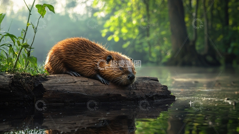 高清大图下载【趣麦麦图】河边睡觉的北美河狸