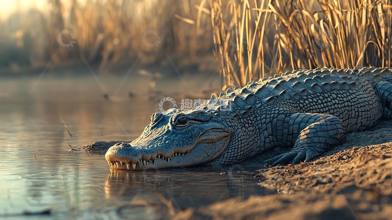 高清大图下载【趣麦麦图】鳄鱼在黄昏的沼泽