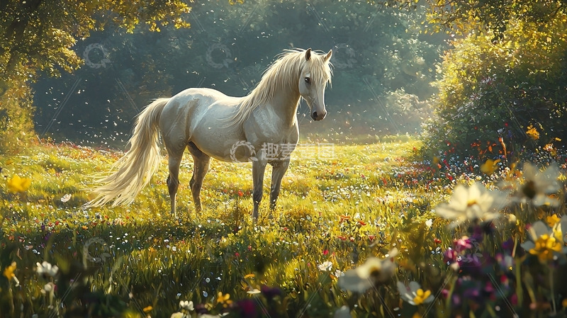 高清大图下载【趣麦麦图】阳光下草原上的白色骏马