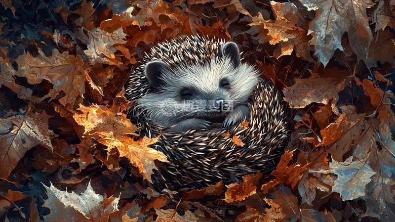 高清大图下载【趣麦麦图】秋天树叶里的小刺猬