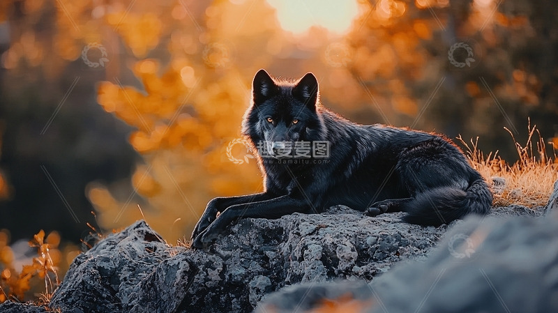 高清大图下载【趣麦麦图】夕阳下黑狼静卧岩石