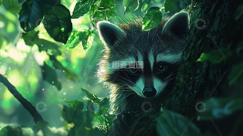 高清大图下载【趣麦麦图】树丛中毛茸茸的浣熊