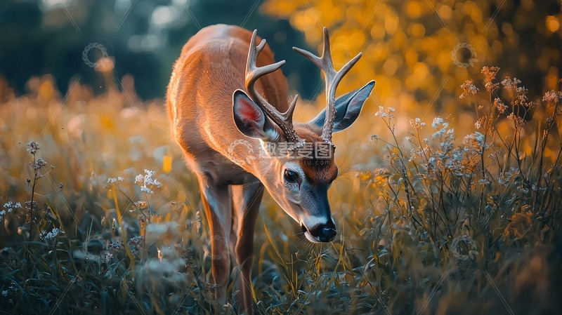 高清大图下载【趣麦麦图】秋季森林里觅食的白尾鹿