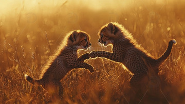 夕阳下嬉戏的猎豹幼崽