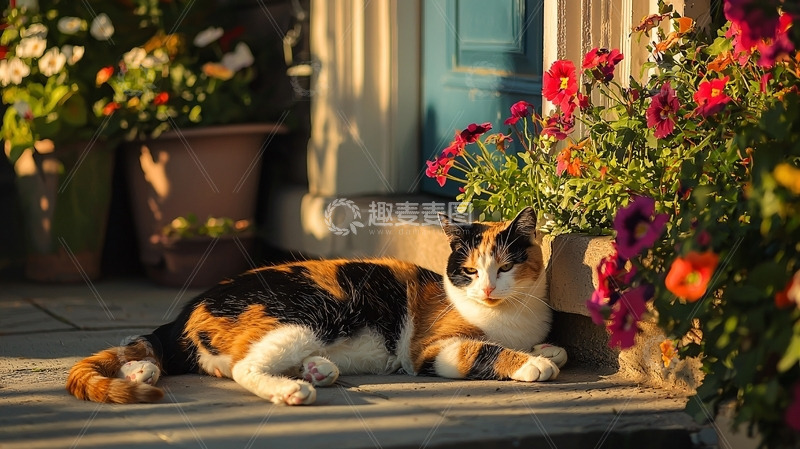 高清大图下载【趣麦麦图】三花猫在门口的花盆旁休息