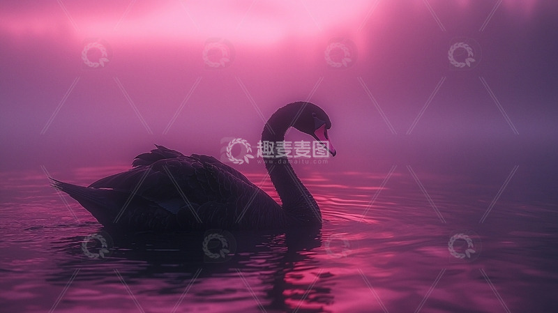 高清大图下载【趣麦麦图】粉红色雾气中一只黑天鹅