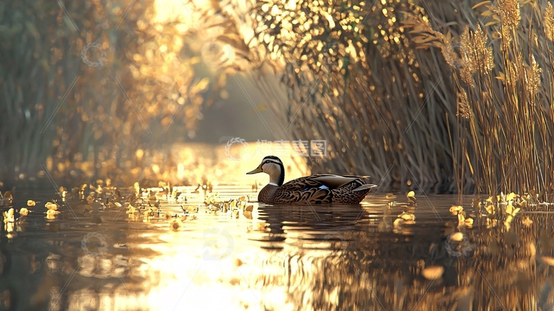 高清大图下载【趣麦麦图】夕阳下湖边野鸭