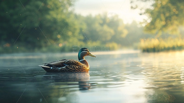 清晨湖面一只野鸭