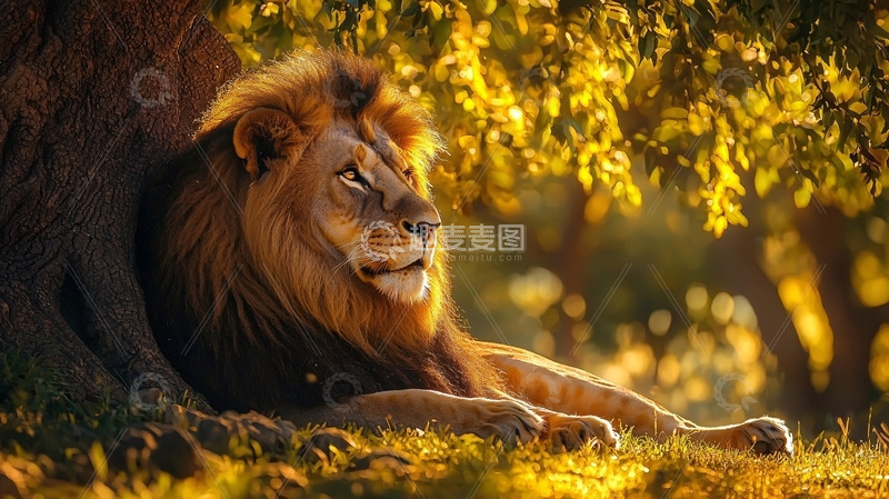 高清大图下载【趣麦麦图】树荫下休憩的雄狮