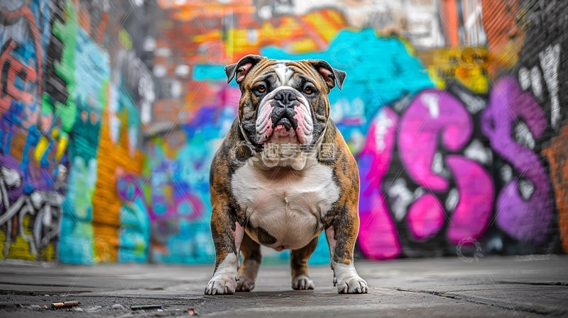 高清大图下载【趣麦麦图】涂鸦墙背景下的英国斗牛犬