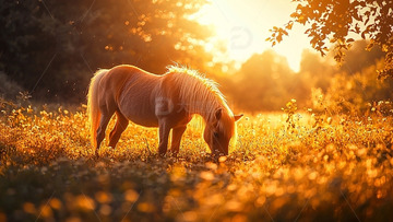 夕阳下的矮种马吃草