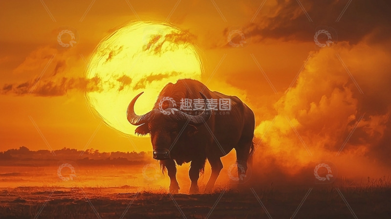高清大图下载【趣麦麦图】非洲野牛日落剪影
