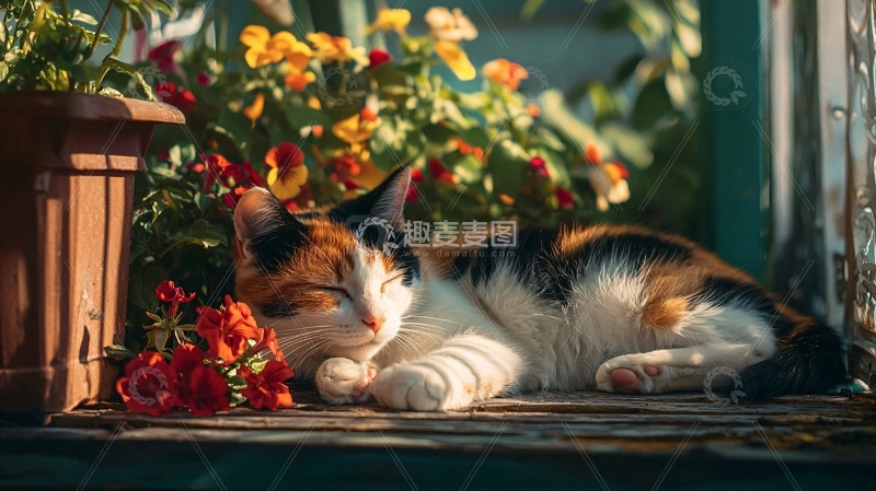 高清大图下载【趣麦麦图】-阳光下睡觉的三色猫