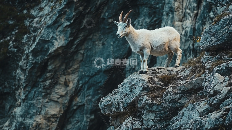 高清大图下载【趣麦麦图】山崖上的白色山羊