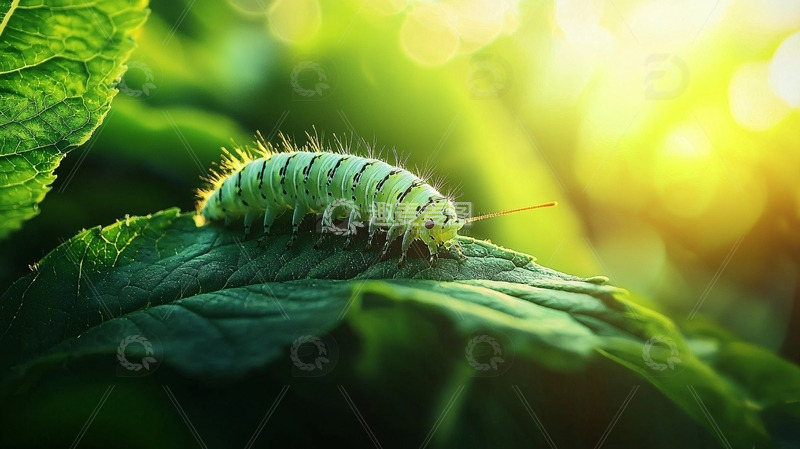 高清大图下载【趣麦麦图】绿叶上的毛毛虫