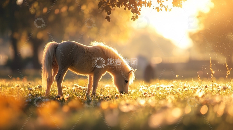 高清大图下载【趣麦麦图】阳光下的小马吃草