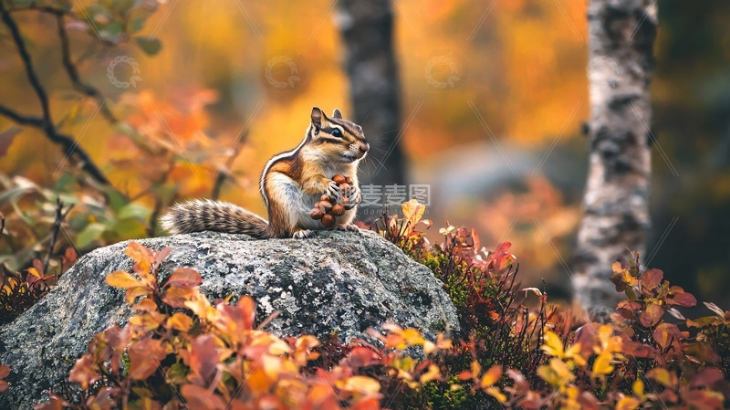 高清大图下载【趣麦麦图】秋日森林小松鼠吃坚果