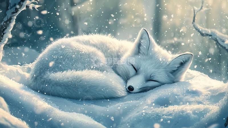 高清大图下载【趣麦麦图】雪地里睡觉的北极狐