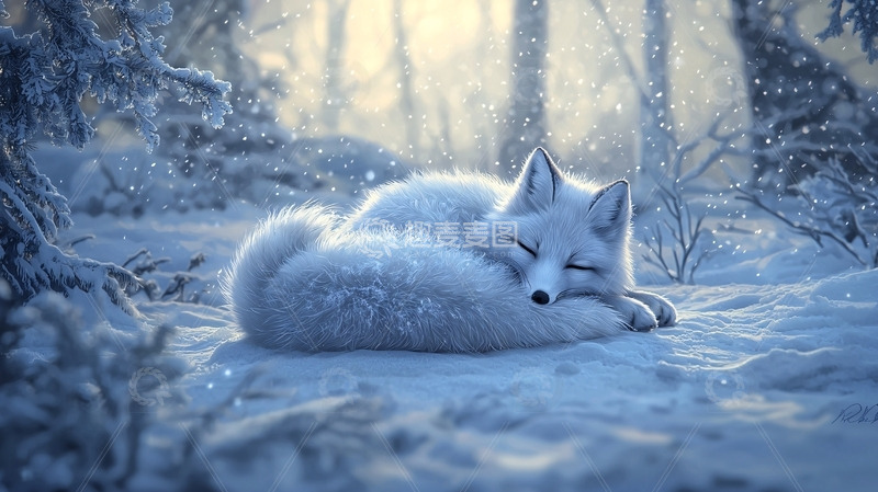 高清大图下载【趣麦麦图】雪地里睡觉的北极狐