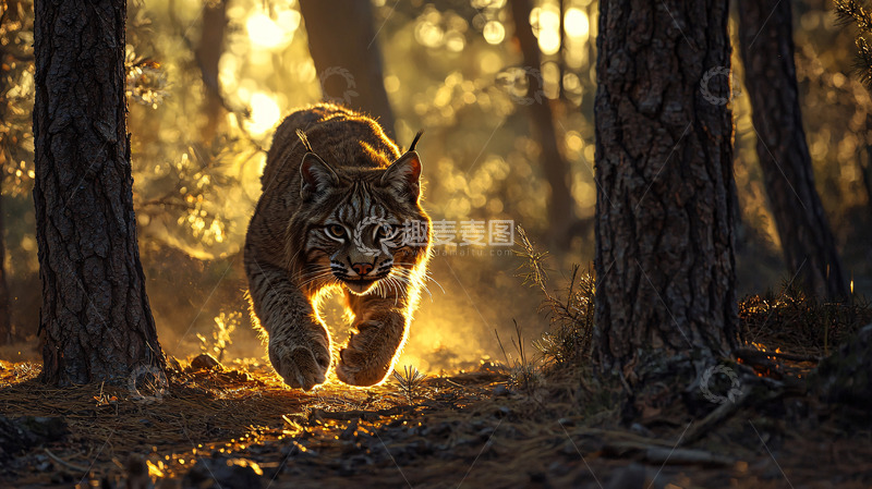 高清大图下载【趣麦麦图】森林夕阳下的猞猁