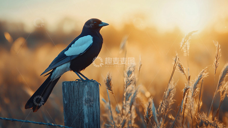 高清大图下载【趣麦麦图】夕阳下独鸟栖木桩