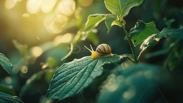 阳光下绿叶上的蜗牛