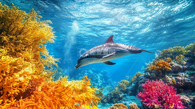 高清大图下载【趣麦麦图】海豚在珊瑚礁中畅游