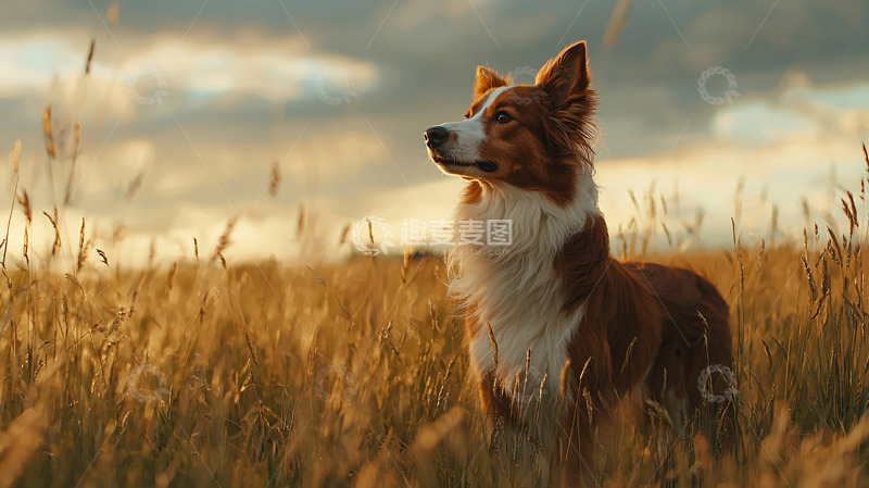 高清大图下载【趣麦麦图】夕阳下田野里一只边境牧羊犬