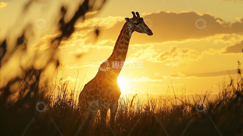 高清大图下载【趣麦麦图】日落长颈鹿剪影