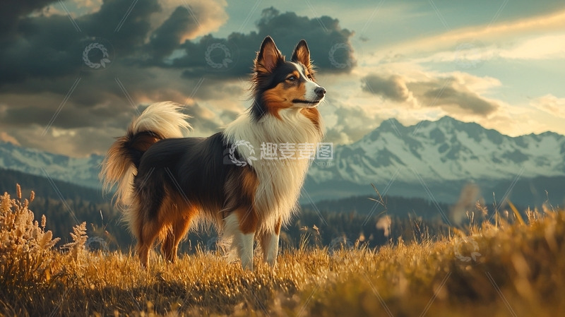 高清大图下载【趣麦麦图】夕阳下牧羊犬雪山背景