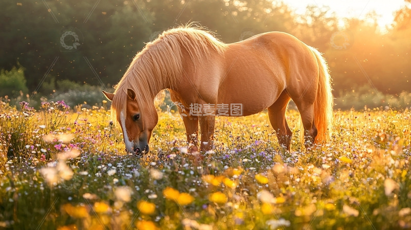 高清大图下载【趣麦麦图】金色的马儿在花田里吃草
