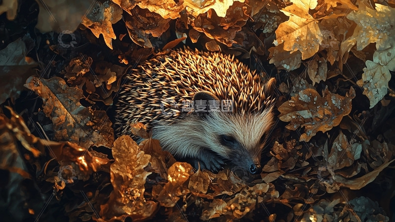 高清大图下载【趣麦麦图】秋天树叶堆里睡觉的刺猬