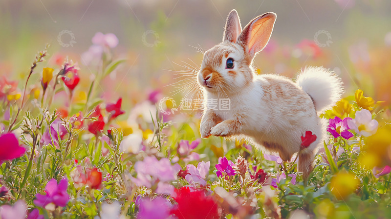 高清大图下载【趣麦麦图】小兔子在花丛中跳跃