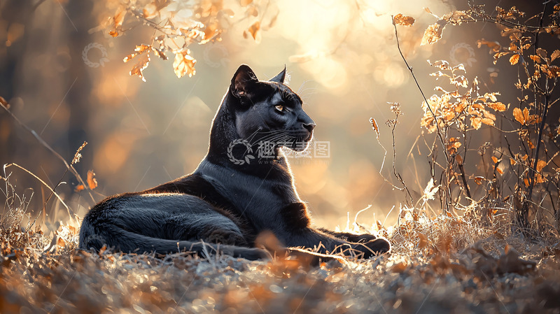 高清大图下载【趣麦麦图】阳光下森林里的黑色猫咪