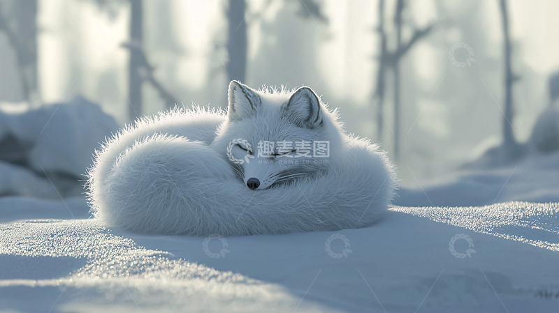 高清大图下载【趣麦麦图】雪地里睡觉的北极狐