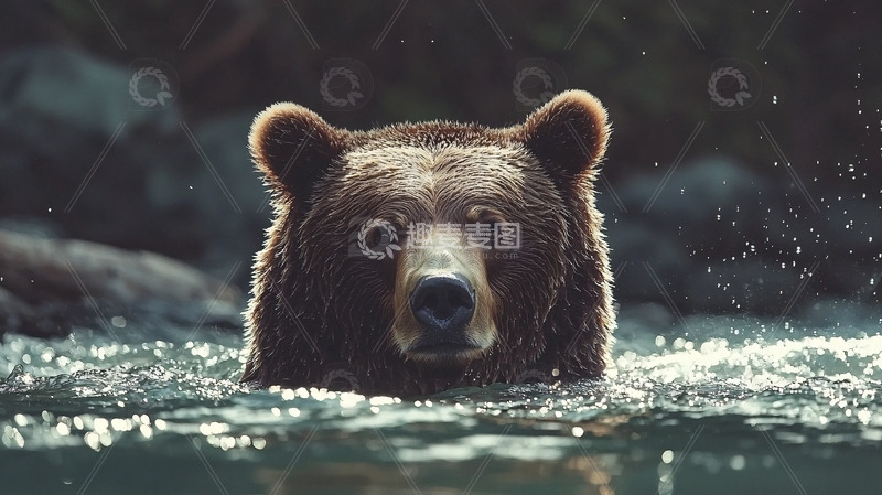 高清大图下载【趣麦麦图】棕熊在水中凝视