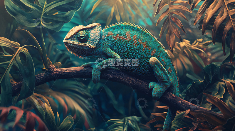 高清大图下载【趣麦麦图】绿色的变色龙栖息在树枝上