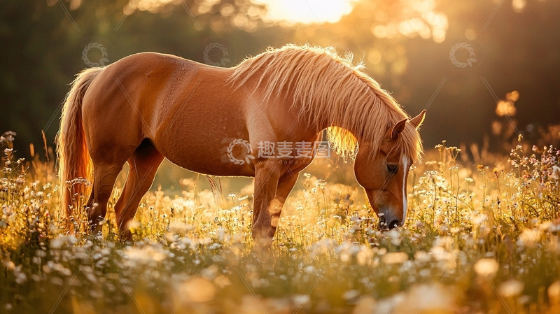 高清大图下载【趣麦麦图】金黄阳光下吃草的马