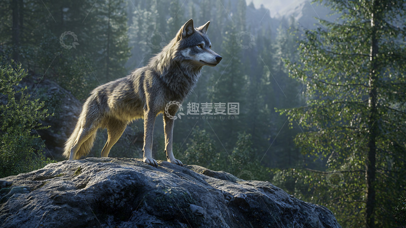 高清大图下载【趣麦麦图】森林中岩石上的灰狼