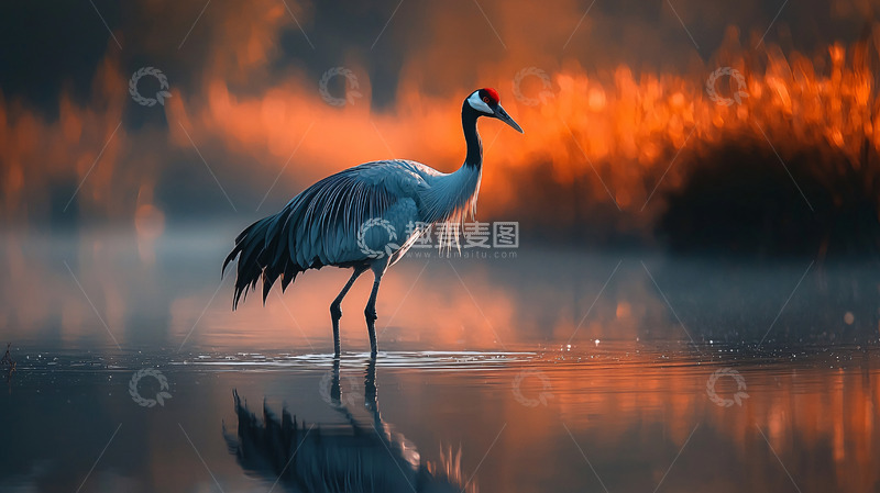 高清大图下载【趣麦麦图】日出时分鹤在水中